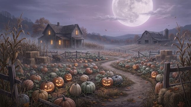 Spooky halloween pumpkin patch with glowing jack o lanterns in front of a haunted house under full moon