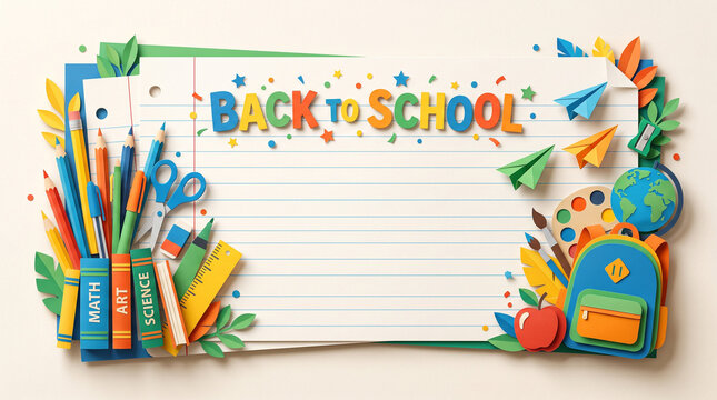 back to school paper cut design banner with school supplies and textbooks copy space