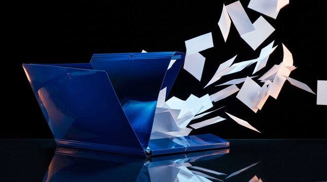 white paper sheets fly out from an open blue binder folder, symbolizing data overload, document explosion, and workflow disorganization
