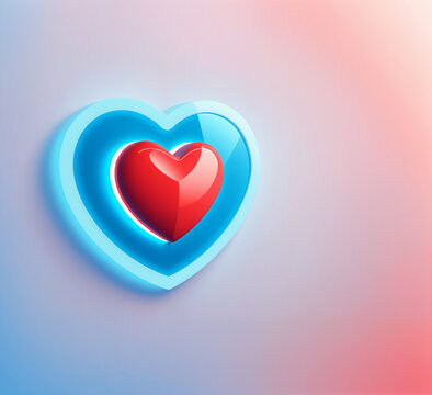 three dimensional glossy red heart shape nested inside a thick light blue glowing neon outline on a smooth pastel pink gradient surface with soft shadows