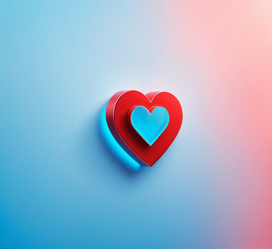 glossy three dimensional red heart containing a smaller transparent light blue glass shape inside on a smooth soft pastel pink and cyan gradient surface