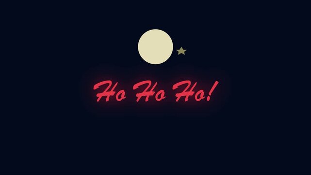 Animated christmas ho neon text with glowing moon and star for holiday greeting card animation 4k background