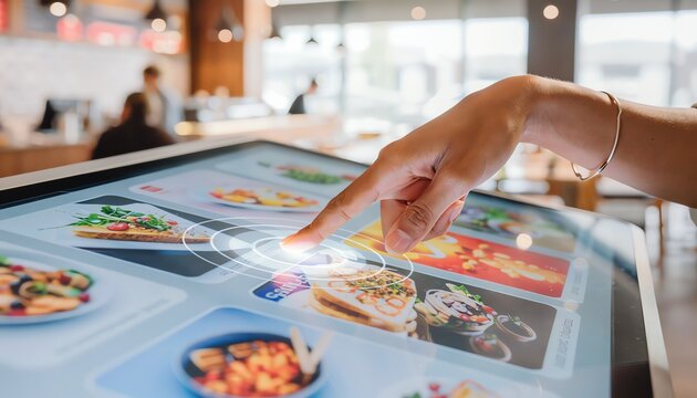 Close up view of person ordering food using interactive self service digital touchscreen kiosk terminal in modern fast food restaurant