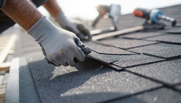 Close-up of contractor hands installing new asphalt shingles on house roof during renovation construction