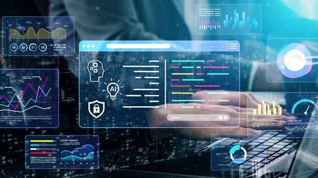 Modern technology in digital interface with artificial intelligence code and data visualization graphs in a futuristic workspace Gluon.