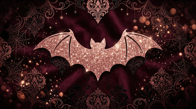 Glittering bat silhouette on rich red velvet background with ornate patterns and sparkling lights, perfect