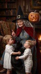 Obraz premium Vintage Halloween portrait of an elderly witch with children and a black cat