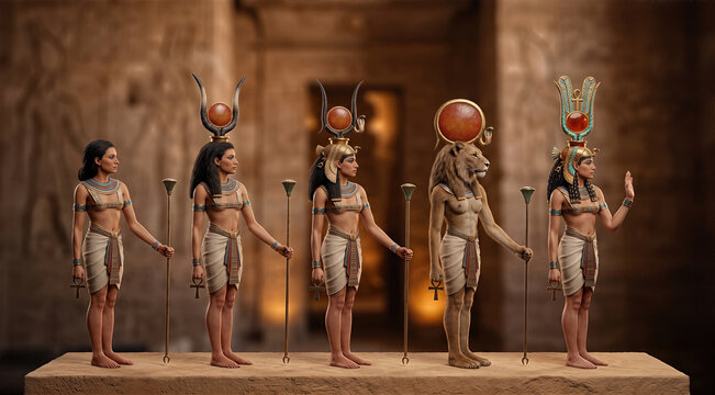 Ancient Egyptian goddesses statues with headdresses holding ankh staffs and lion Panthera leo