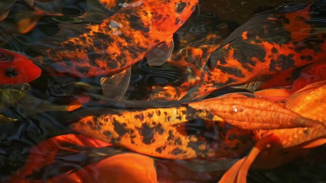 Bright orange koi fishes clustered at the water surface in a garden pond.