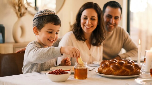 Jewish boy dipping an apple into honey during Rosh Hashanah