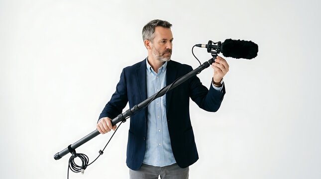 A man in a business suit holds a boom microphone for professional audio recording or filmmaking.
