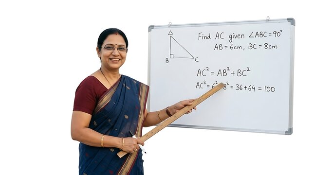 A smiling Indian woman in a sari teaching math on a whiteboard with a pointer