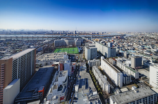 高高層ビル群と広大な住宅街が広がる関東の都市風景