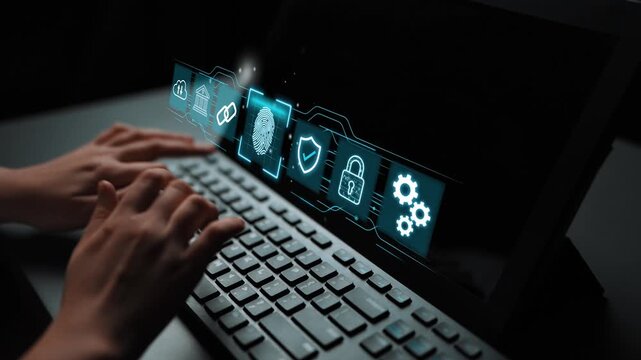 Hands Typing on Keyboard with Cybersecurity Icons and Digital Interface for Protecting Data and Information on a Computer Screen. Entropy.