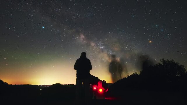 Amateur astronomers observing stars, planets, Moon and other celestial objects with a telescope in nature. Time-lapse video.