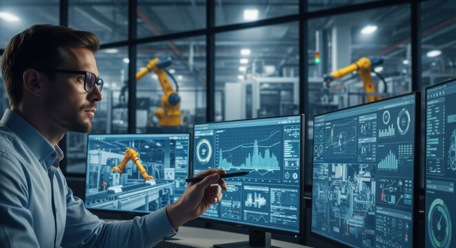 Engineer analyzing system data on multiple screens overseeing factory automation processes.