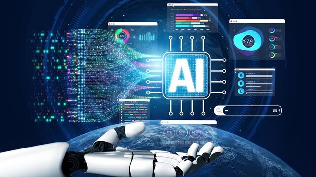 Futuristic Artificial Intelligence Interface with Robot Hand Interacting with Data Visualizations and Digital Elements in Vibrant Technology Environment Sigmoid