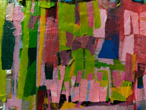 Title: Green and Pink Abstract Collage with Magenta Detail