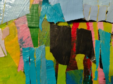 Title: Teal and Yellow Abstract Collage with Black Block