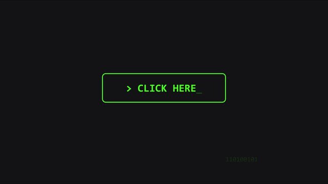 Click here button animation with digital binary code 4k background, for web ui, and tech interface, call to action