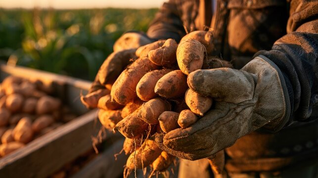 Farmer holding fresh harvested organic sweet potatoes in field at sunset.