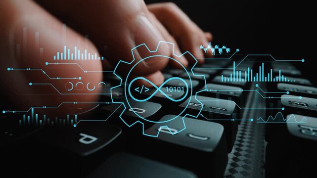 Hands Typing on Keyboard with Digital Interface Symbols, Coding Elements, and Technology Graphics, Concept of Programming and Software Development. Entropy.