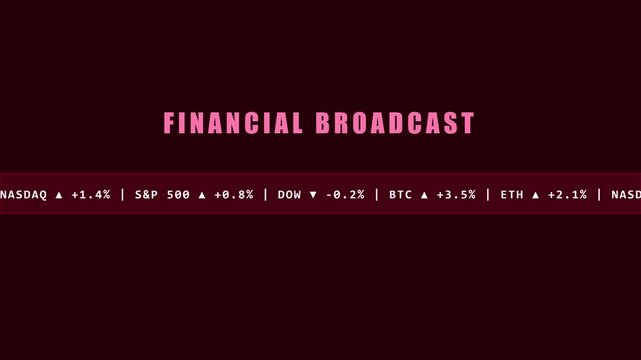 Financial broadcast stock market ticker overlay with cryptocurrency and index data for business news and economic analysis animation 4k