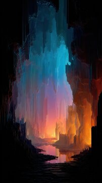 Abstract surreal background, vertical symmetry, vibrant otherworldly colors