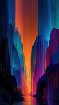 Surreal vertical scene, abstract mountains made of color, luminous glow
