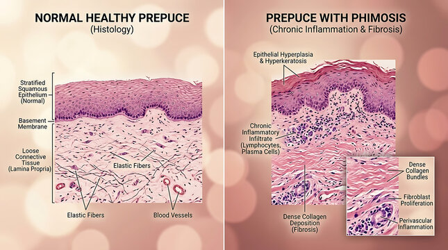 Healthy Prepuce Tissue Versus Phimosis Fibrotic Thickening and Elastic Fiber Loss