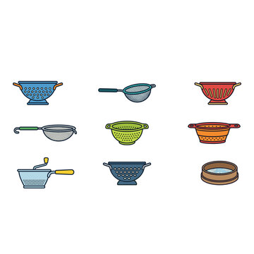 Collection of flat design kitchen colanders and strainers in various colors and styles, isolated on white.