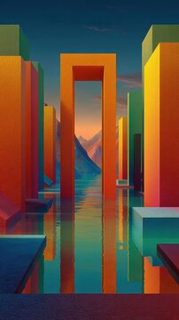 Vibrant surreal landscape forming abstract vertical background, impossible geometry, glowing colors