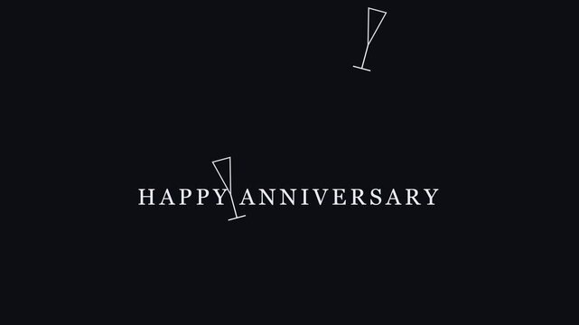 Happy anniversary greeting with minimalist champagne flutes animation on 4k black background celebration