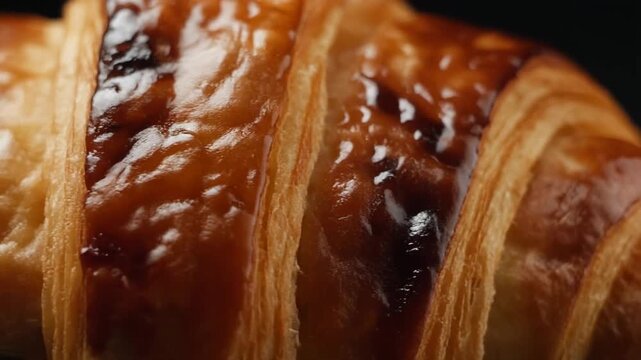 Extreme Close-up of Crispy Caramelized Croissant Crust with Blistered Texture, Professional Food Cinematography 1080p