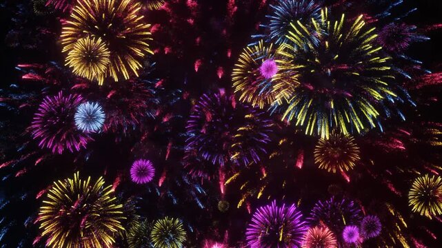 Colorful Fireworks Exploding in Night Sky with Vibrant Particles and Light Trails, Full HD Festive Celebration Background