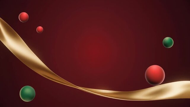 Elegant Retro Christmas Motion Design with Golden Satin Ribbon and Festive Ornaments on Red Background Full HD