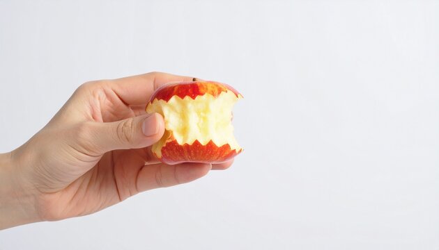 Hand holding bitten red apple isolated on white background
