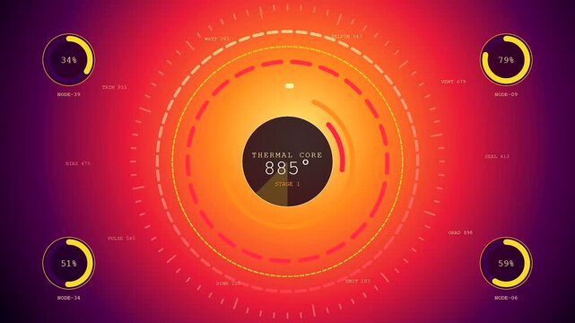 A circular thermal gradient display showing volatile core temperature readouts across a digital interface featuring shifting ring segments and glowing neon status indicator circles throughout