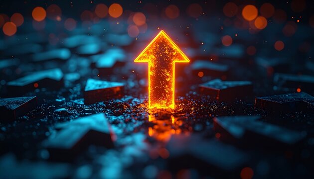 Glowing orange neon arrow pointing up business growth concept