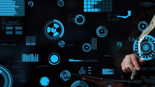 A user engages with interactive graphs and charts on a touchscreen tablet, displaying data visualization in a modern, dark setting focused on technology and analytics. Xenic