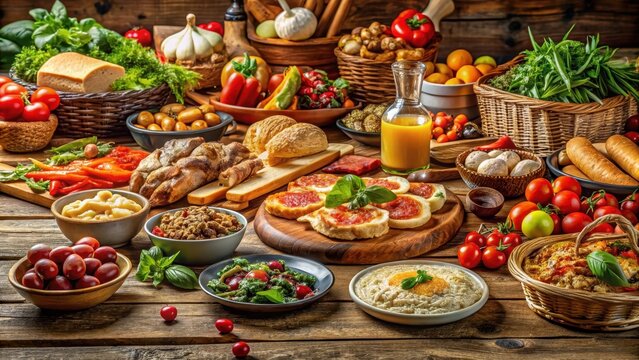 A vibrant italian feast sprawls across a rustic wooden table