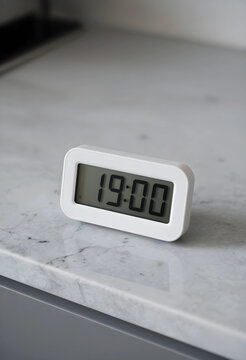 White digital clock displaying 19:00 on a marble countertop, Time management and schedule