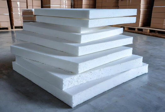 Stacked white polystyrene foam sheets for insulation and packaging in a warehouse setting, this industrial material is commonly found in construction, manufacturing
