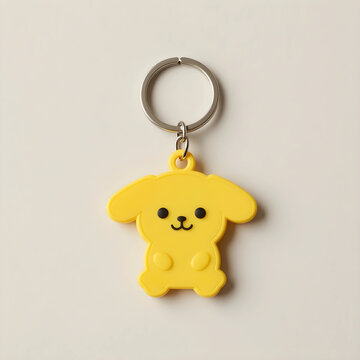 Yellow cartoon dog character keychain with metal ring, cute accessory for keys or bags, isolated on a light background