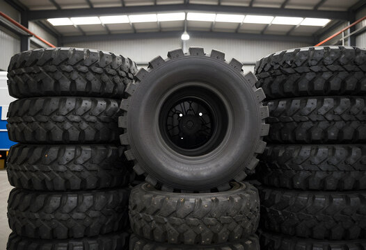 Large stacks of heavy duty off road tires with deep treads in a warehouse or industrial setting, the robust rubber tires are designed for rugged terrain and provide strong grip and traction