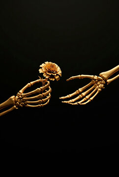 Skeleton hands exchanging a small marigold flower on black background, El Dia de Muertos symbolic illustration of remembrance, love and ancestral connection [copy space]