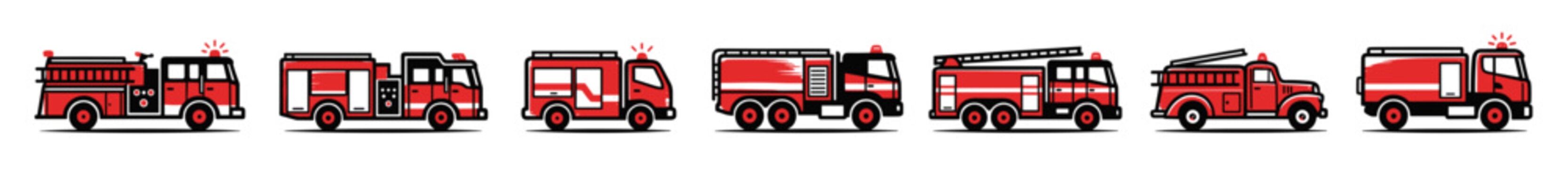 Emergency fire trucks display various red engine designs and rescue vehicle silhouettes in a clean horizontal vector collection.
