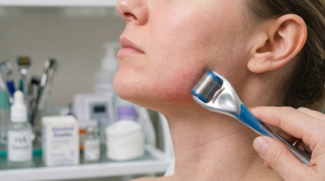 Close-up of a dermaroller rolling across the jawline during a collagen induction therapy session.