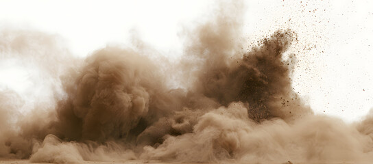 Fototapeta premium A brown dust, sand, soil, smoke, cloud particle overlay appears against a transparent white background. Illustrating effects such as sandstorm, smog, dust explosion, and smoke fog. Blurred soil dust. 