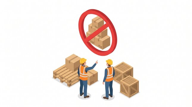 Isometric illustration of workers looking at a giant do not stack crossed out boxes symbol